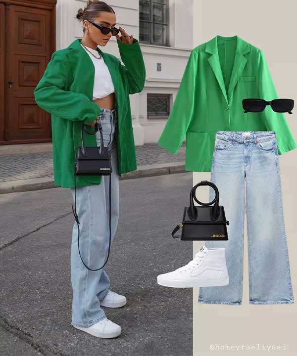 Green coat with baggy pants
